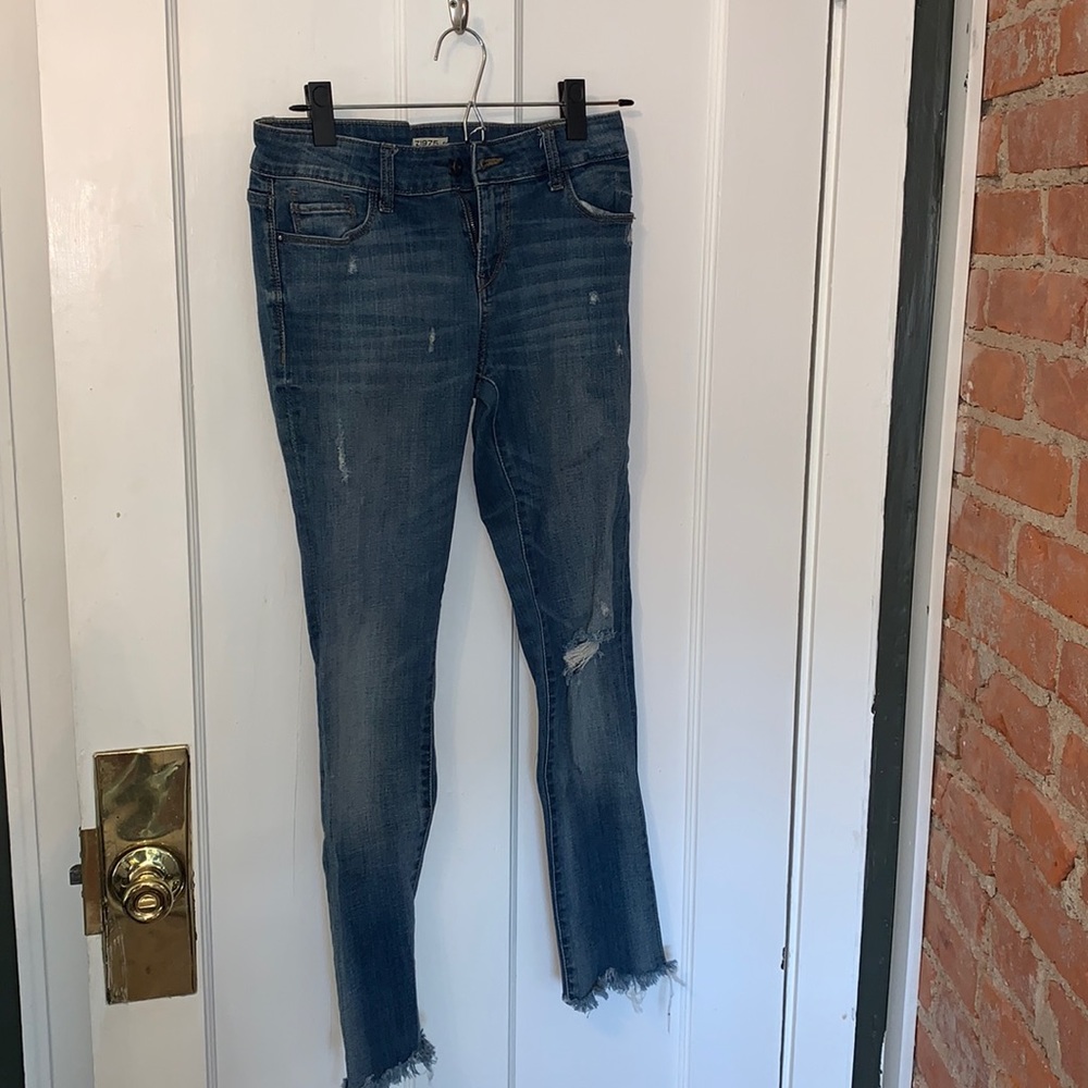 Zara - mid rise, fringe bottom jeans